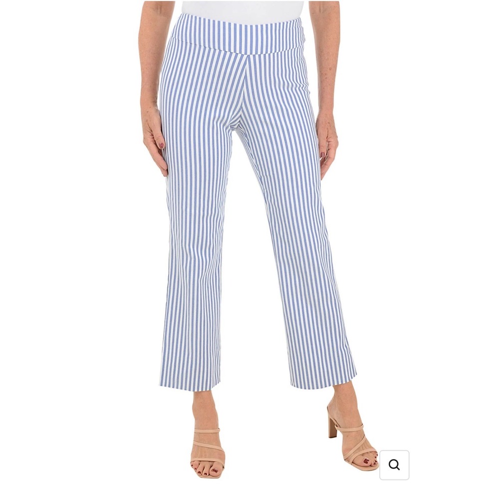 Krazy Larry Flared Ankle Pants 6 Blue White Stripe Pull On Stretch USA Made